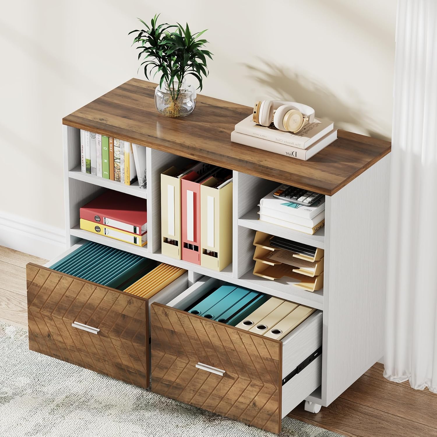 Printer Stand - 2-Drawer Wood File Cabinet, Mobile Lateral